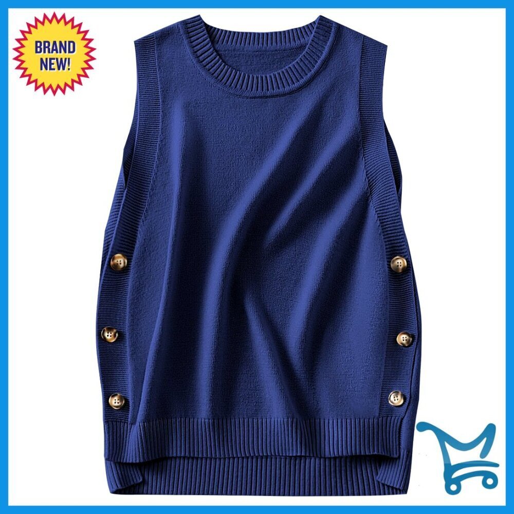 Oversized Sleeveless Sweater Vest Ribbed Knit Side Button Loose Fit
